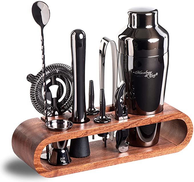 Mixology Bartender Kit: 10-Piece Bar Set Cocktail Shaker Set with Stylish Mahogany Stand