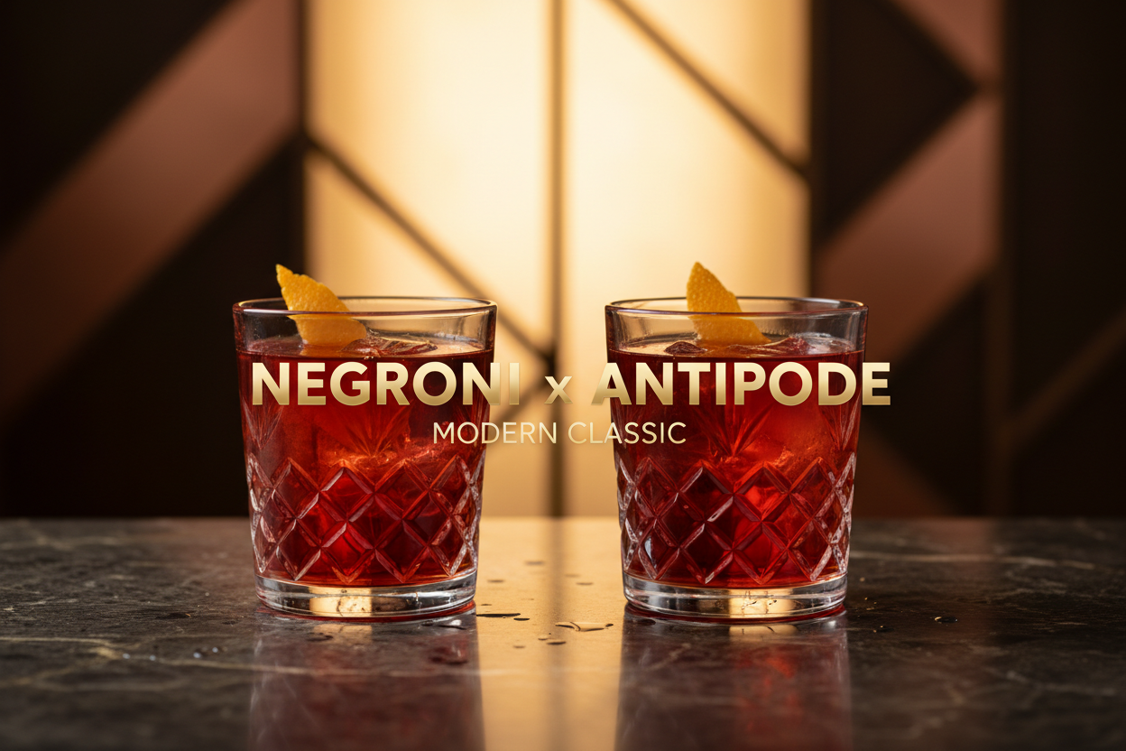 picture of negroni's and and writing saying NEGRONI x ANTIPODE