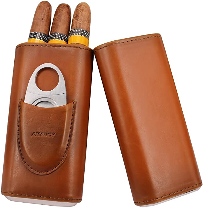 AMANCY Top Quality 3- Finger Brown Leather Cigar Case