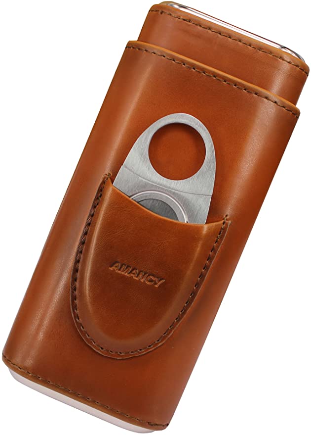 AMANCY Top Quality 3- Finger Brown Leather Cigar Case