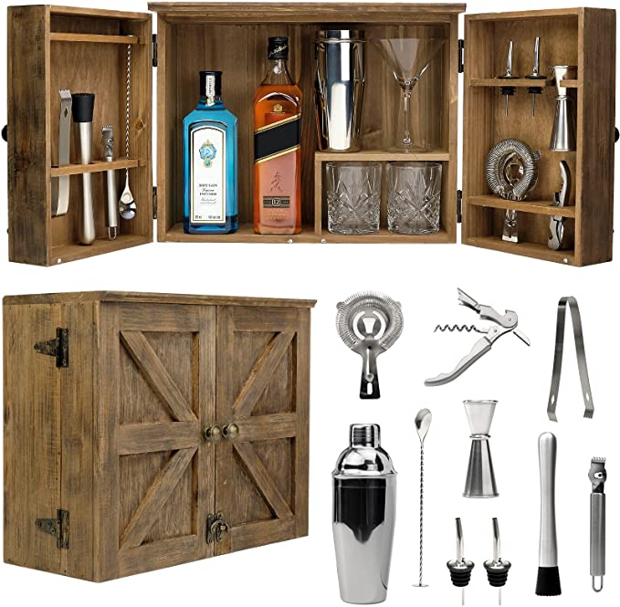 Barndoor Bartender Cabinet with 10 Piece Bar Tool Set
