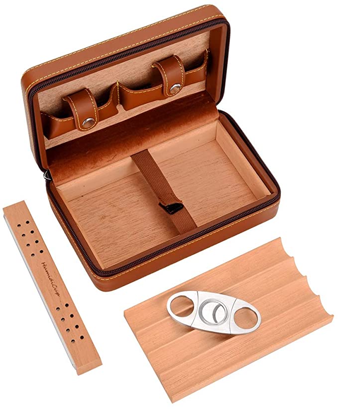 Cigar Case Travel Brown Genuine Leather Humidor