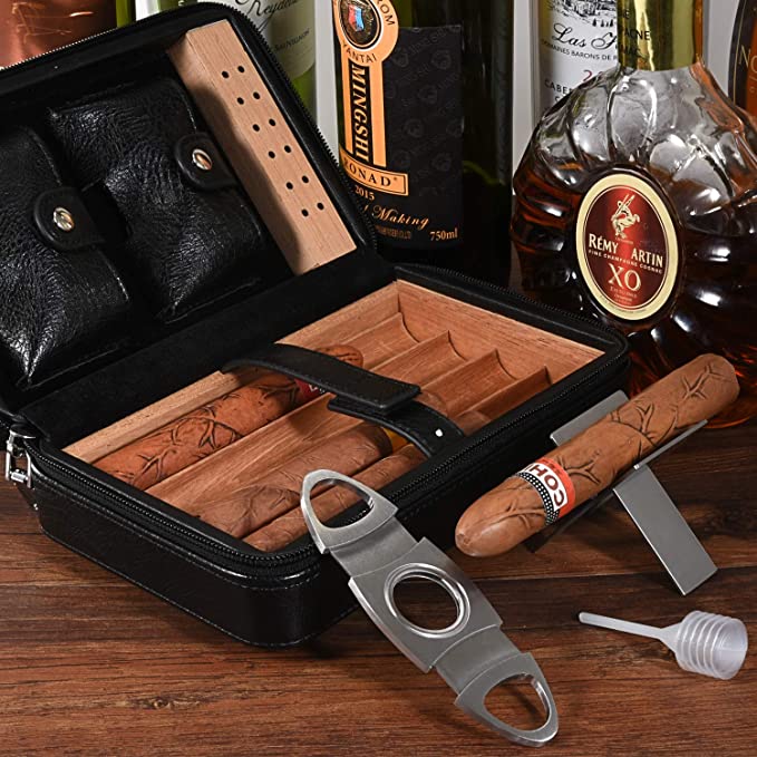 Cigar Humidor, Cigar Case, Cedar Wood Travel Portable Leather Cigar Humidor with Humidifier