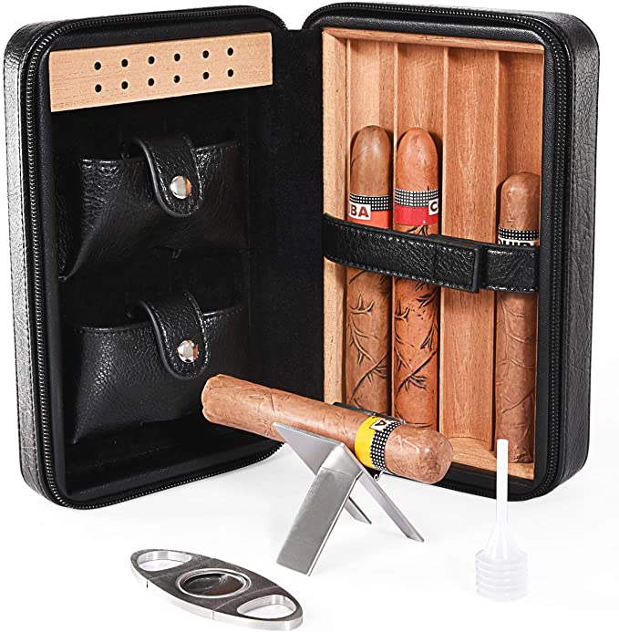 Cigar Humidor, Cigar Case, Cedar Wood Travel Portable Leather Cigar Hu