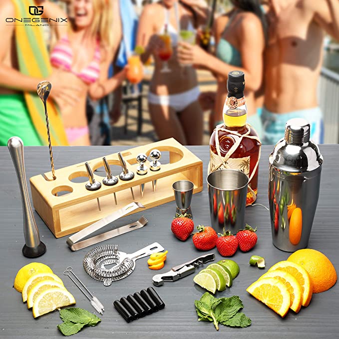 Cocktail Shaker Set Bartender Kit 24 pcs w/ Stand & Travel Bag