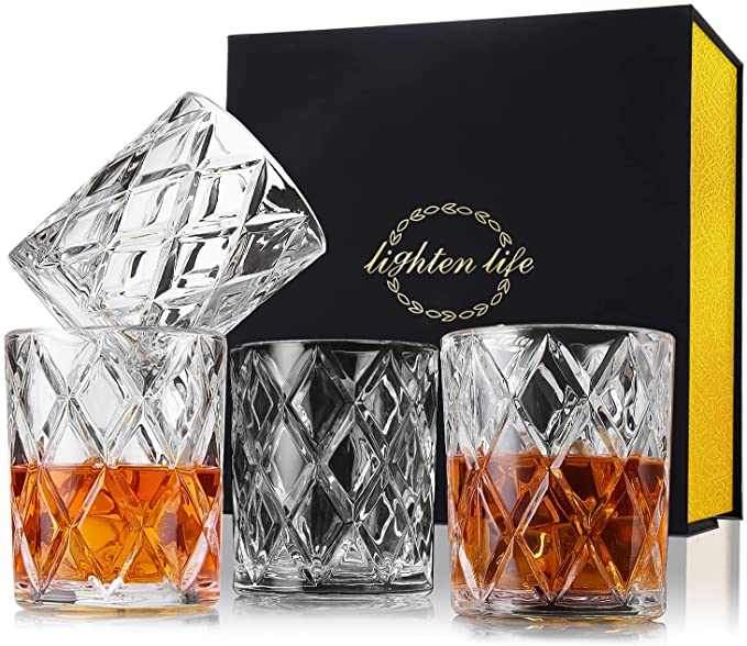 Lighten Life Whiskey Glass Set 4, Crystal Old Fashioned Whiskey Glass in Gift Box