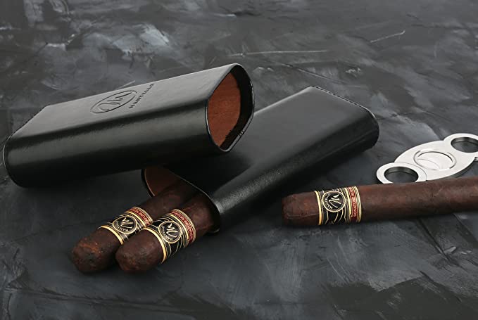 Mantello Black Leather Cigar Case with Interior Cedar Lining