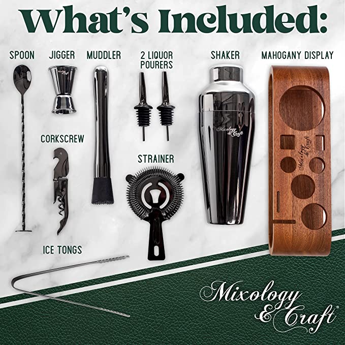 Mixology Bartender Kit: 10-Piece Bar Set Cocktail Shaker Set with Stylish Mahogany Stand