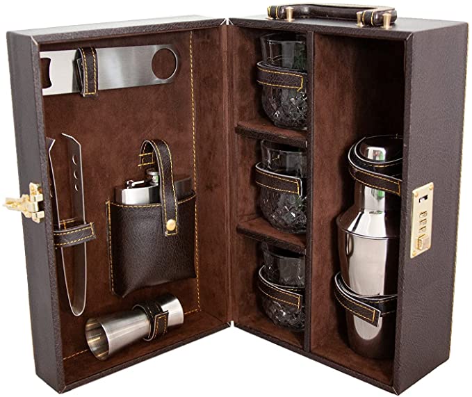 Premium Travel Cocktail Bar Set 8 Piece Portable Mixology Kit Bartender Box