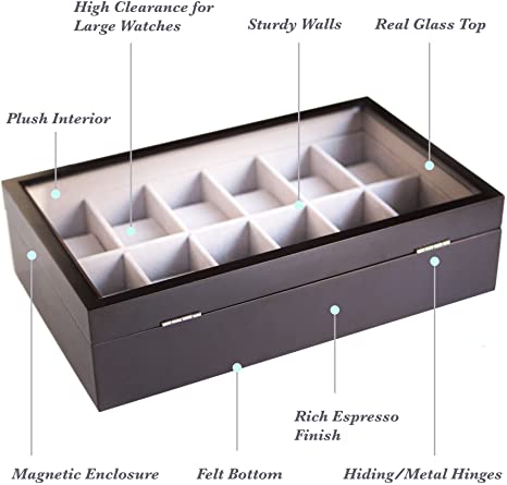 Solid Espresso Wood Watch Box Organizer with Glass Display Top 12 slot by Case Elegance (Espresso)
