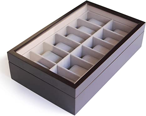 Solid Espresso Wood Watch Box Organizer with Glass Display Top 12 slot by Case Elegance (Espresso)