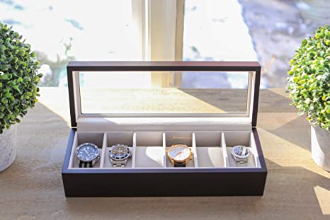 Solid Espresso Wood Watch Box Organizer with Glass Display Top by Case Elegance