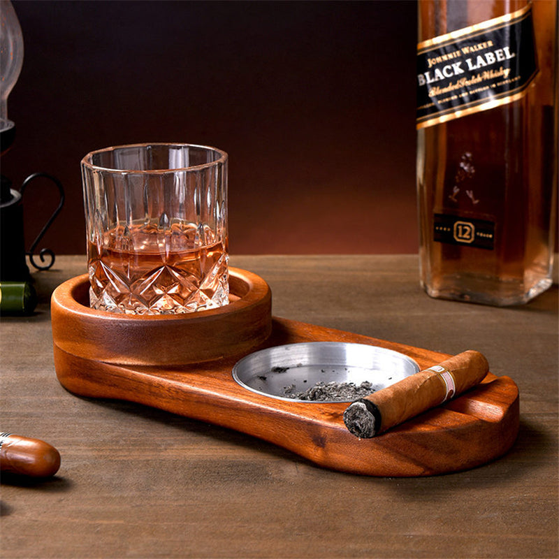 Solid Wood Whiskey Cup Holder And Cigar Ashtray