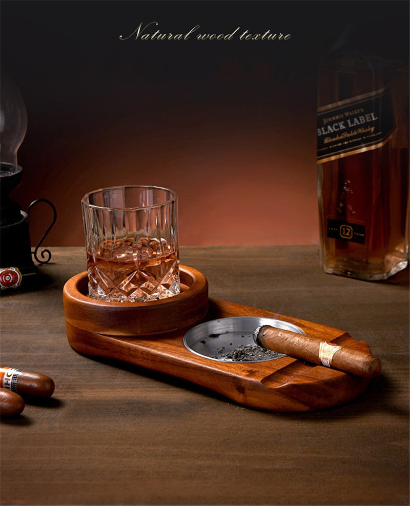 Solid Wood Whiskey Cup Holder And Cigar Ashtray