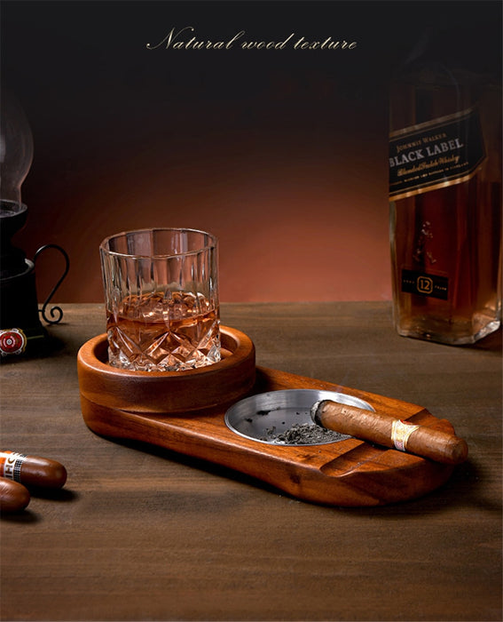 Buy Wooden Cigar Ashtray with Whiskey Glass Tray and Cigar Cutter