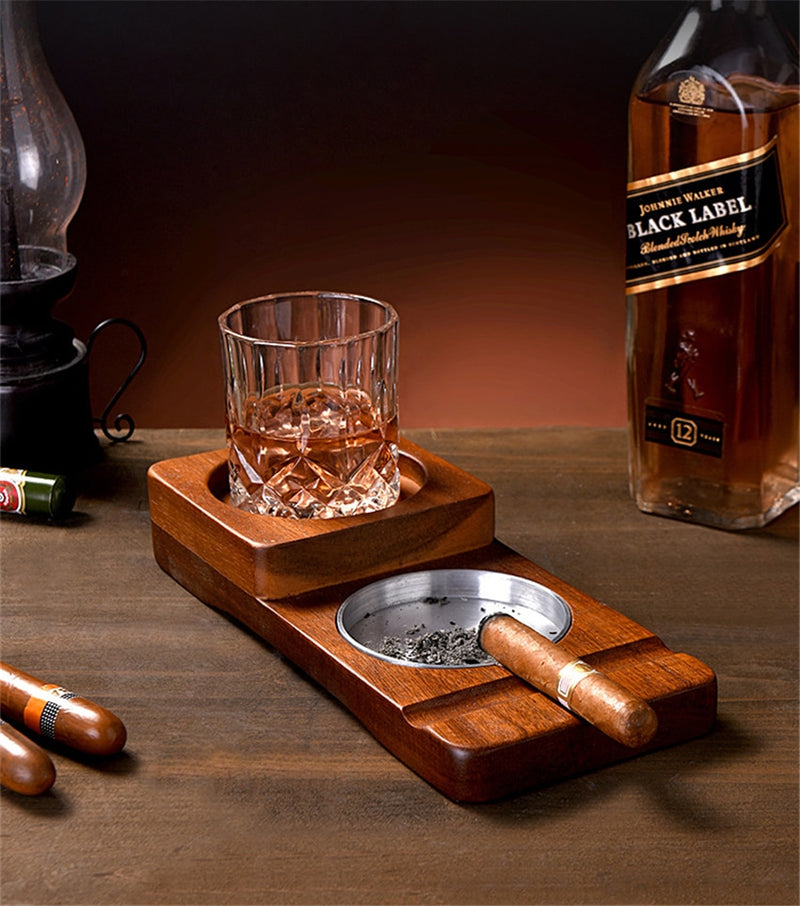Solid Wood Whiskey Cup Holder And Cigar Ashtray